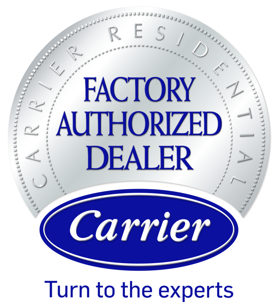 Round badge with text: "Factory Authorized Dealer" and "Carrier" on a blue oval. Outer ring says "Carrier Residential." Bottom text reads: "Turn to the experts.