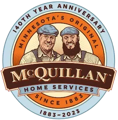 Logo For Mcquillan Home Services Featuring Two Men In Hats, Celebrating 140Th Anniversary, With Text &Quot;Minnesota&Apos;S Original&Quot; And &Quot;Since 1883-2023.
