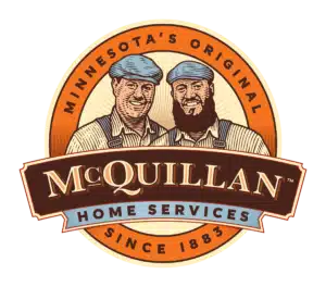 Logo For Mcquillan Home Services Featuring Two Smiling Men In Caps And Overalls, With Text &Quot;Minnesota&Apos;S Original&Quot; And &Quot;Since 1883.