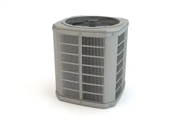 A rectangular outdoor air conditioning unit with a central fan and vented sides, reminiscent of those often encountered during air conditioning repair, set against a plain white background.
