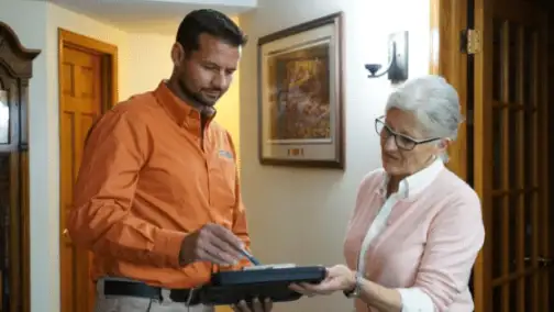 A man in an orange shirt is discussing general heating repair as he shows a document on a tablet to a woman with glasses in a pink cardigan inside the room.