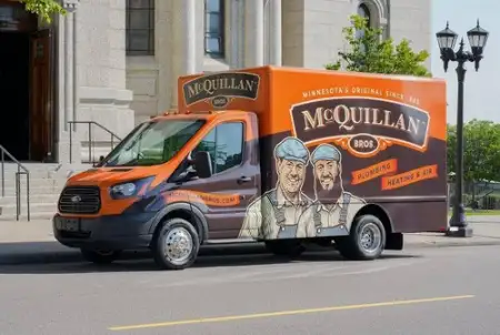 An orange McQuillan Bros service van, specializing in general heating repair, is parked on the street near a building and lampposts.
