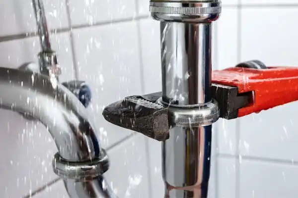 Water sprays from a leaking metal pipe as an adjustable wrench is used for repairs, showcasing the precision of home repiping against a tiled wall background.