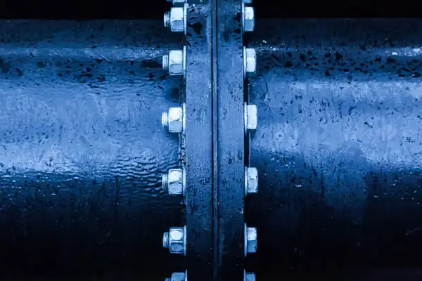 Close-up of a large blue metal pipe joined by a line of bolts, with visible water droplets on the surface, showcasing the durability often enhanced through trenchless sewer line repair methods.